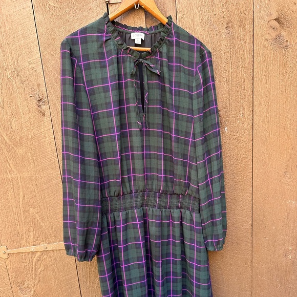 J. Crew Dress Plaid Holiday Women’s Large Chiffon Elastic Waist - Picture 1 of 4